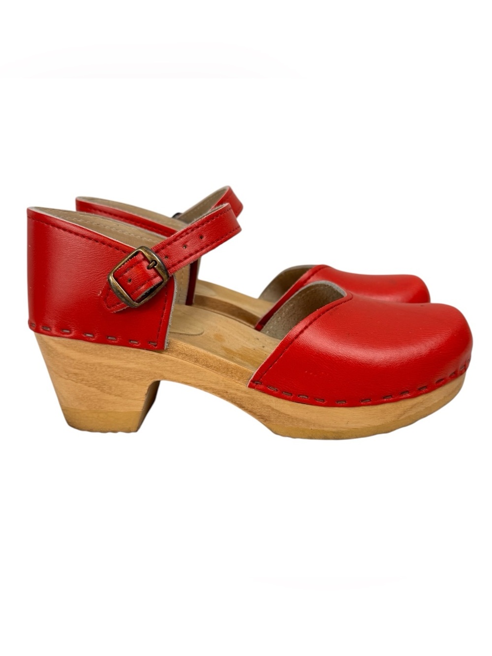 Sven Original Mary Jane Clog Sandals EUR 36 US 5 11/2 6 Red Leather Wood